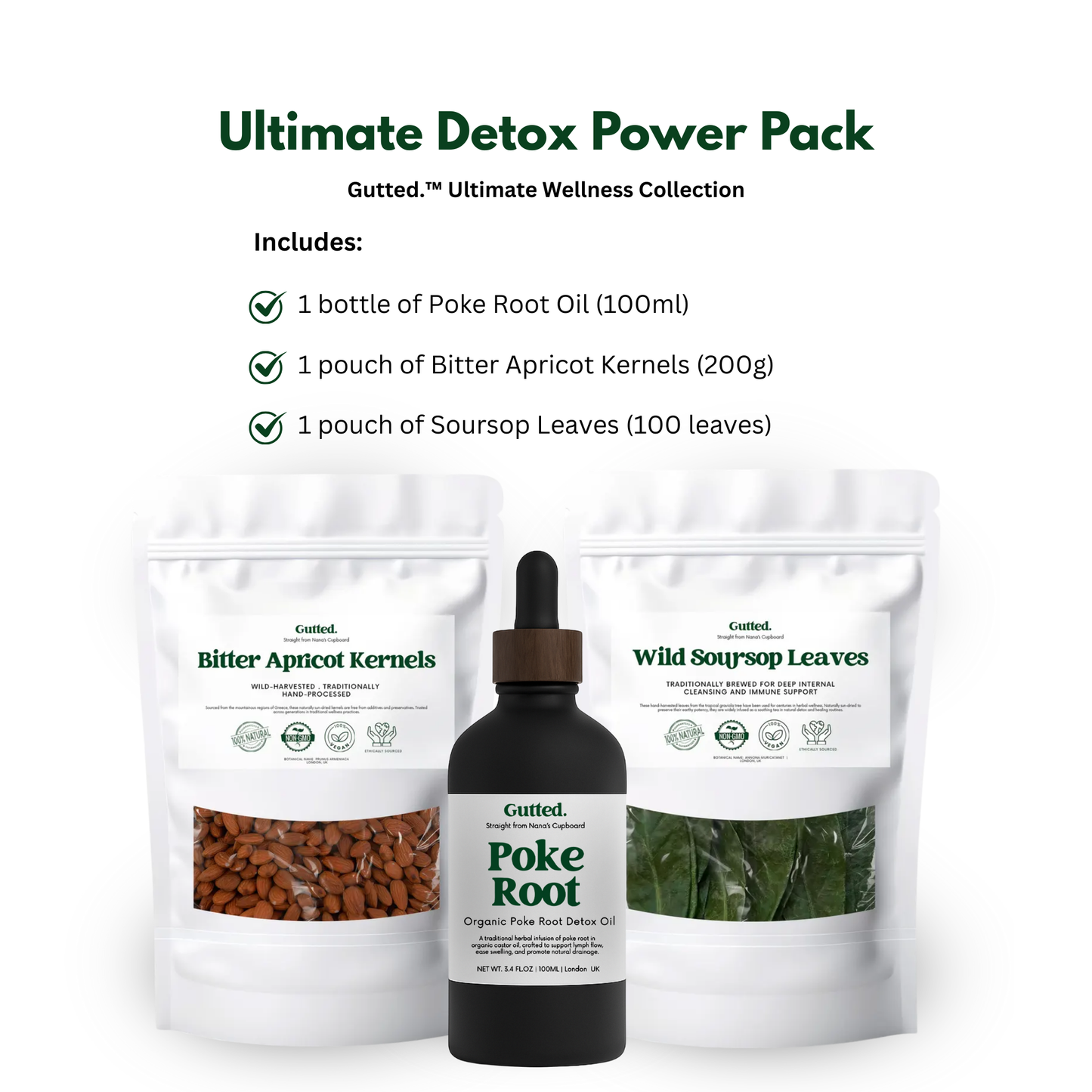 Ultimate Detox Power Pack – Organic Poke Root Oil 100 ml, Bitter Apricot Kernels & Soursop Leaves