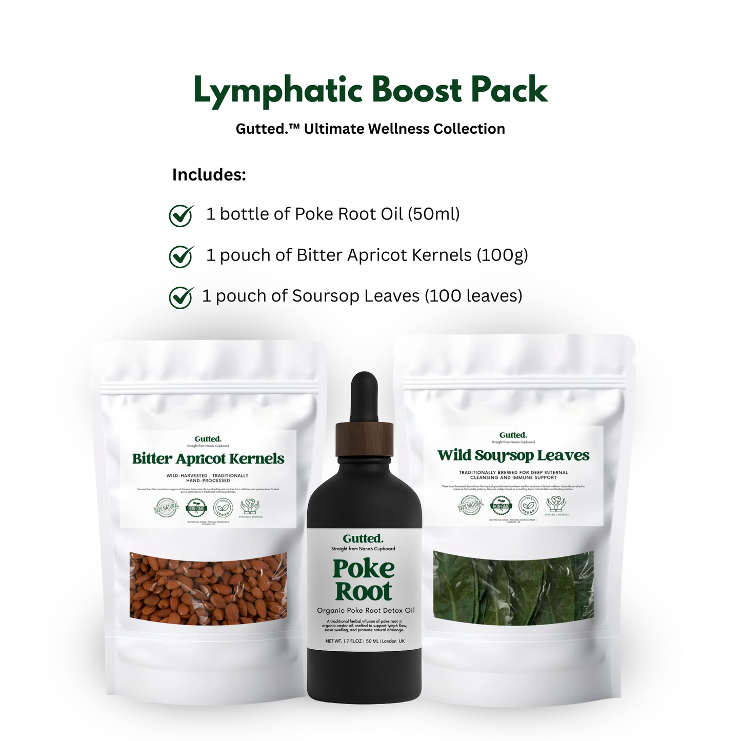 Lymphatic Boost Pack – Organic Poke Root Oil 50ml, Apricot Kernels & Soursop Leaves