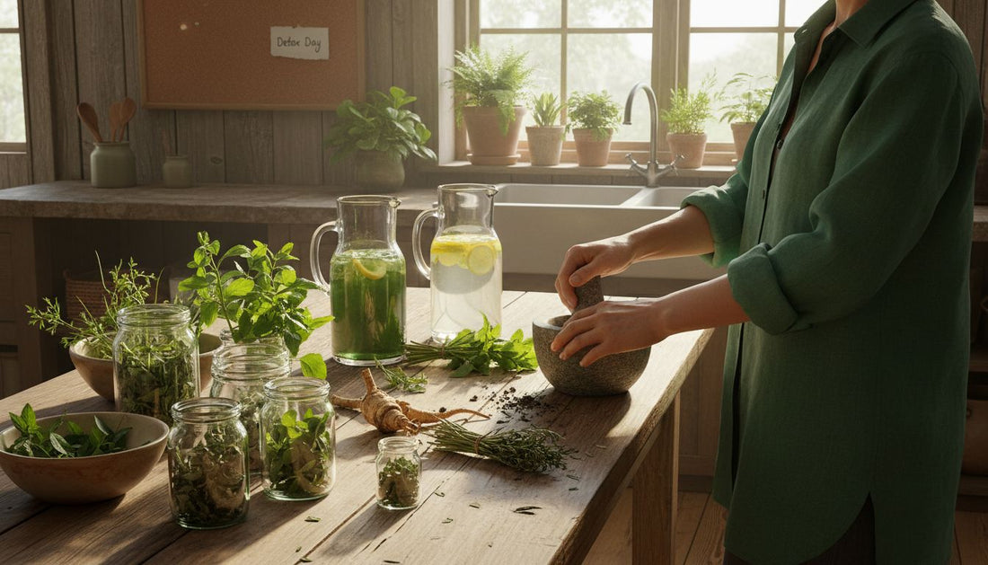 Herbs and infusions on sunlit kitchen table