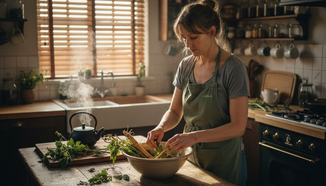 Woman sorting fresh detox herbs in sunlit kitchen