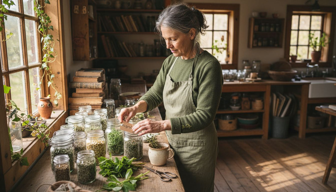 Herbalist arranging jars of herbs