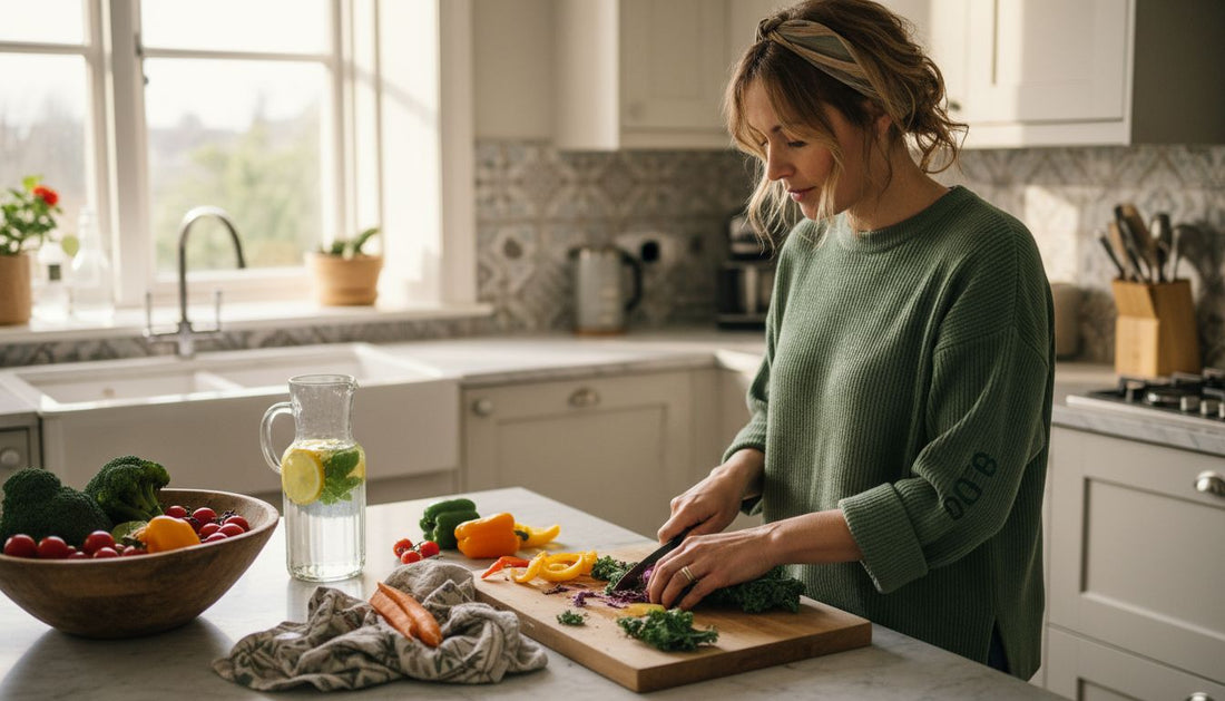 Woman preparing fresh detox meal in kitchen