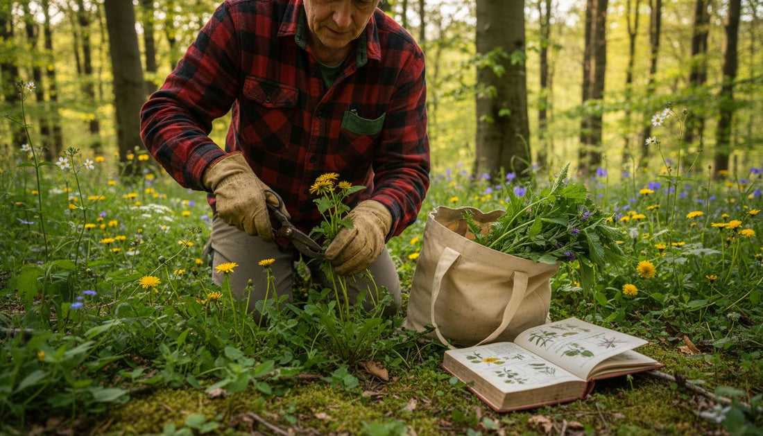Herbalist gathering wild herbs in woodland