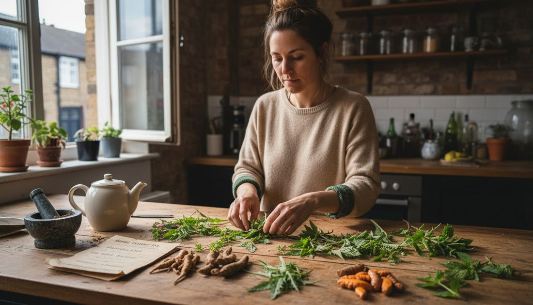 Woman arranging detox herbs on kitchen counter