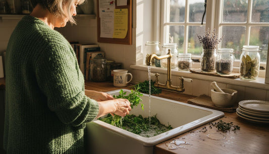 Woman preparing fresh herbs in kitchen
