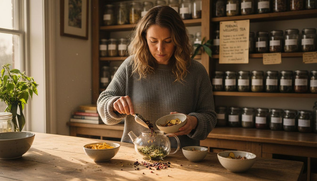 Woman preparing herbal tea blend for immune support