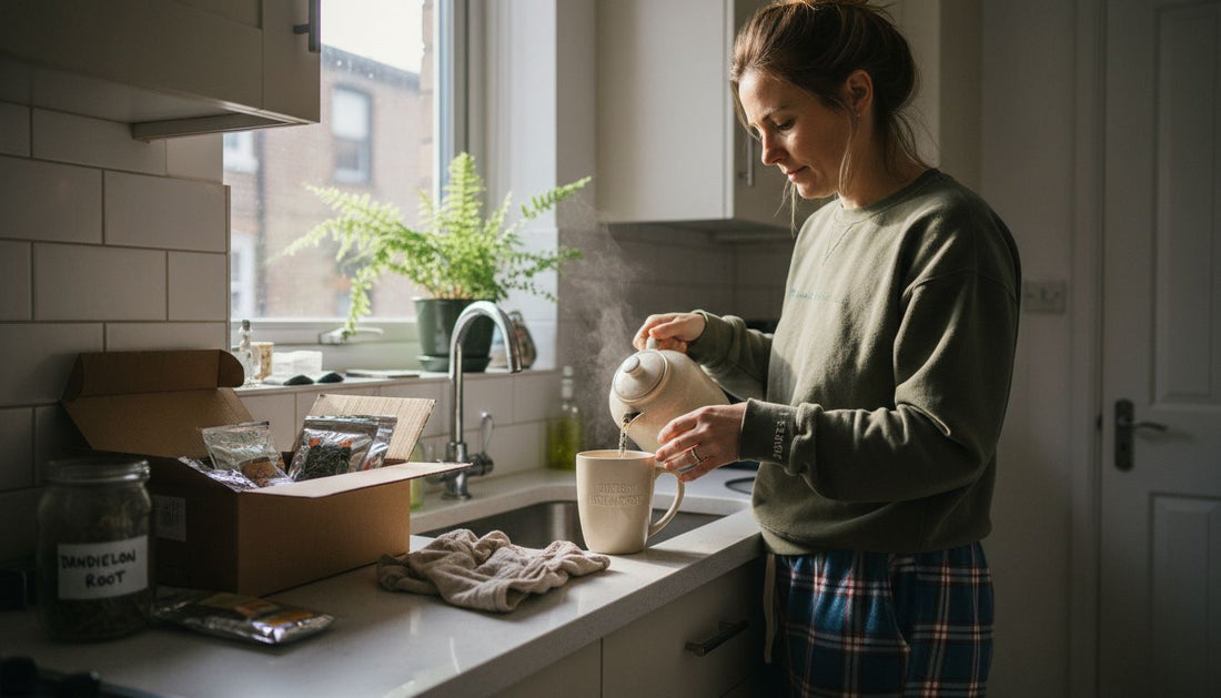Woman making herbal detox tea in kitchen