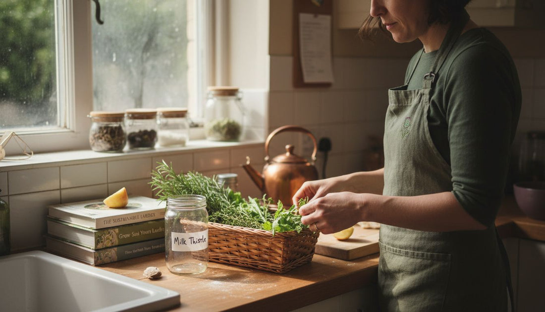 Woman selecting fresh herbs in kitchen