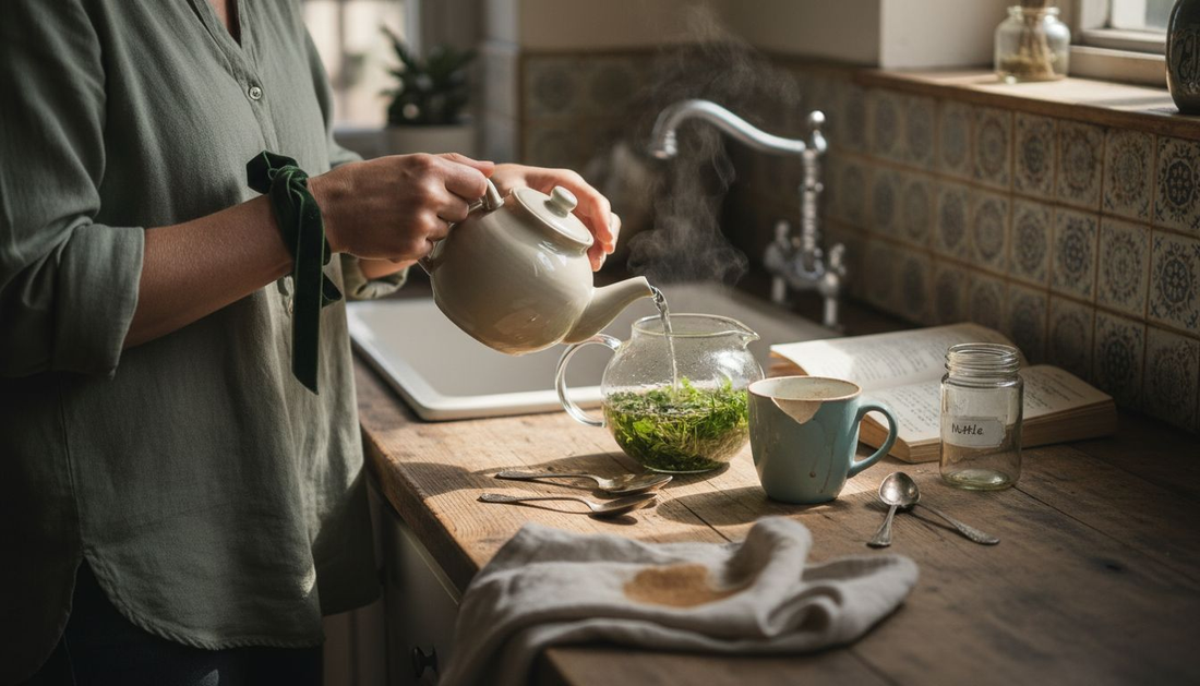 Woman brewing herbal infusion in home kitchen