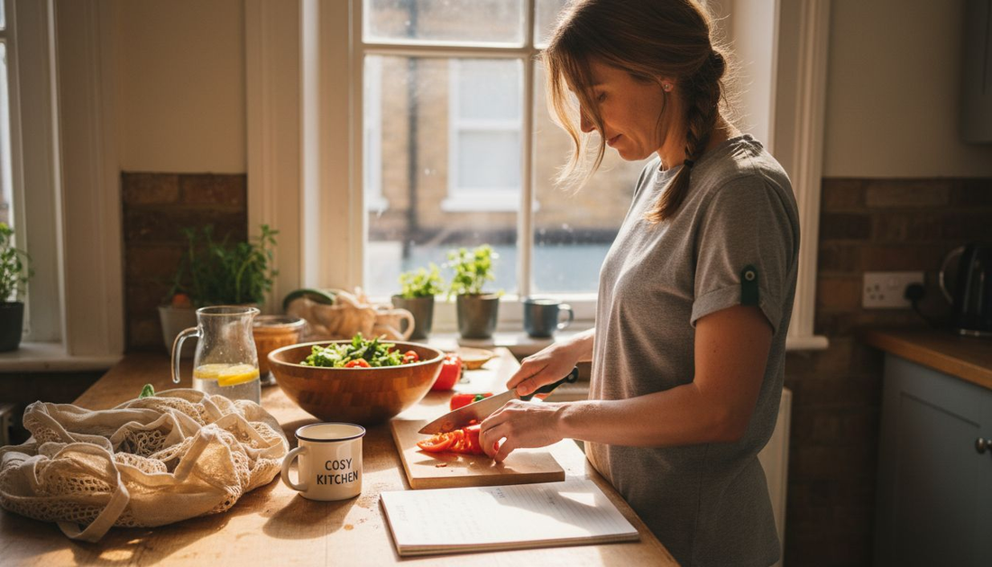 Woman preparing vegetables in sunny kitchen