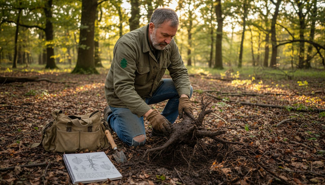 Botanist examining wild poke root outdoors