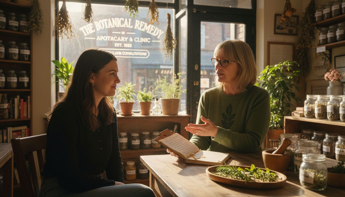 Herbalist consulting client in cozy herbal office
