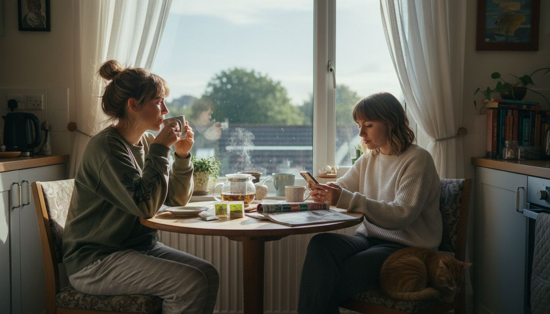 Women enjoying detox tea in kitchen