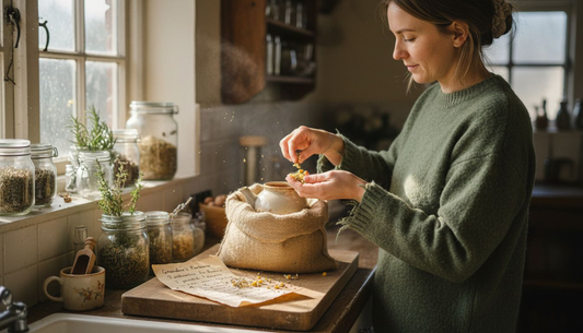 Woman making herbal detox blend in rustic kitchen