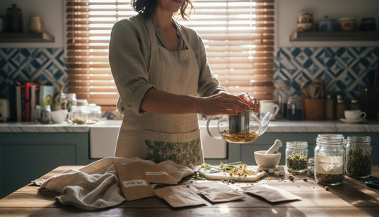 Woman preparing herbal detox tea in kitchen