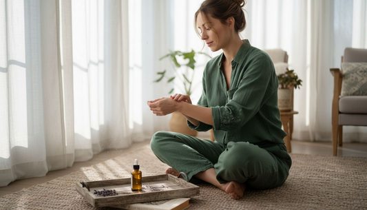 Woman applying infused oil in cozy sunroom