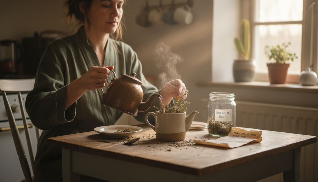 Woman preparing herbal detox tea at kitchen table