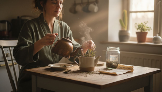 Woman preparing herbal detox tea at kitchen table