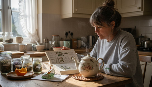 Woman reading herbal remedies guide at kitchen table