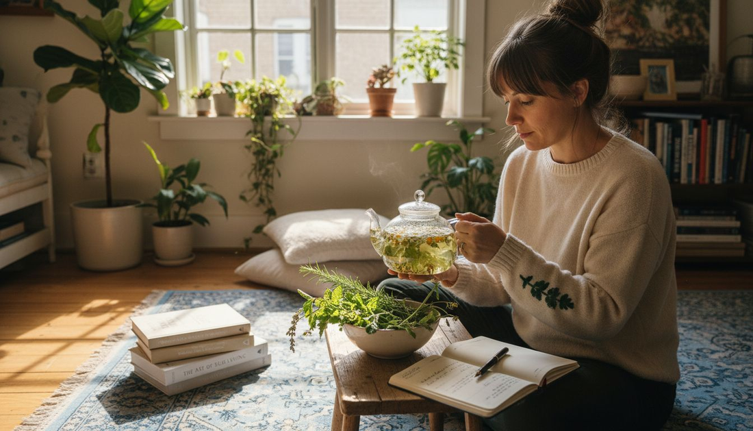 Woman prepares herbal tea for detox at home