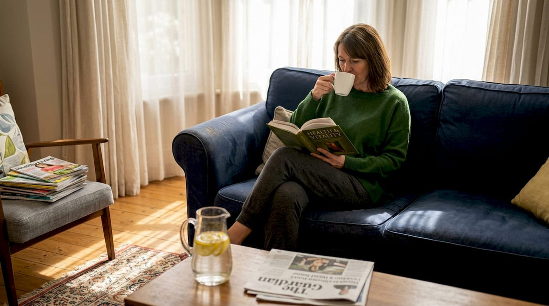 Woman reading about health in sunlit living room