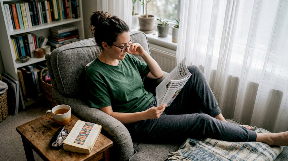Woman reading health article in living room