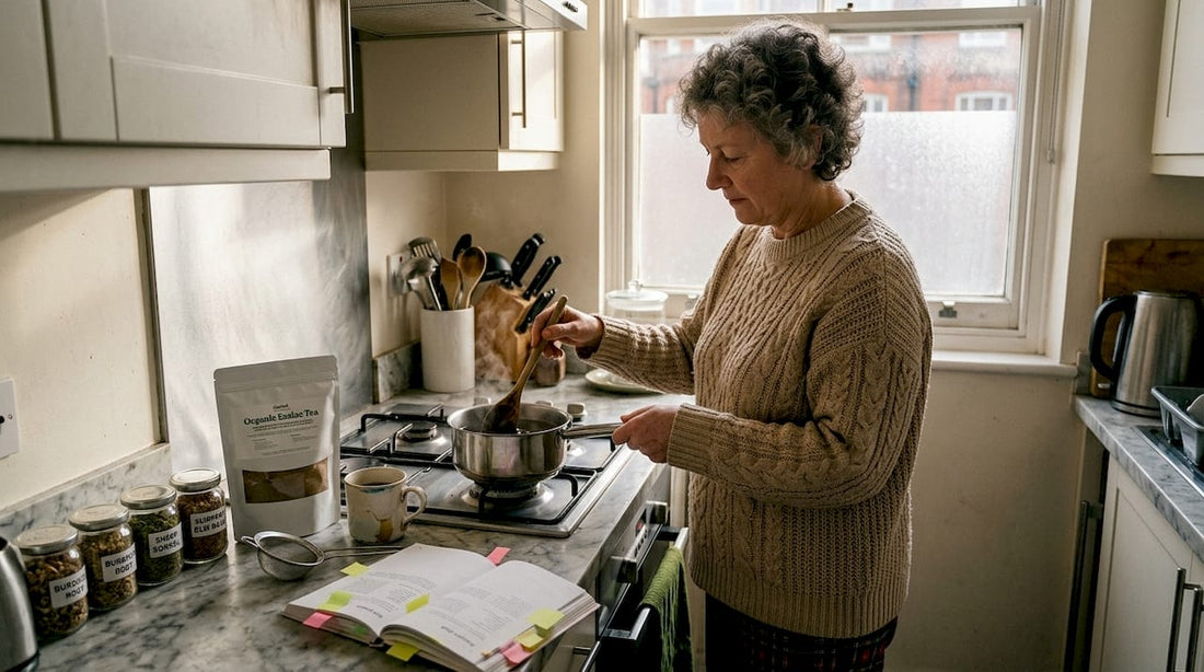 Woman brewing Essiac tea in home kitchen