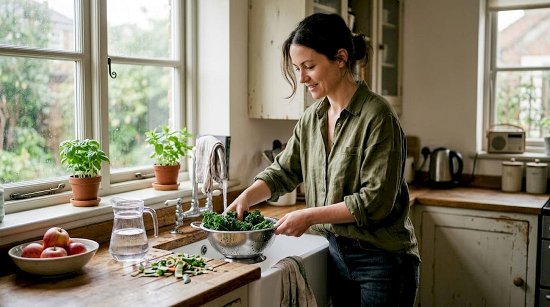 Woman rinsing leafy greens in home kitchen