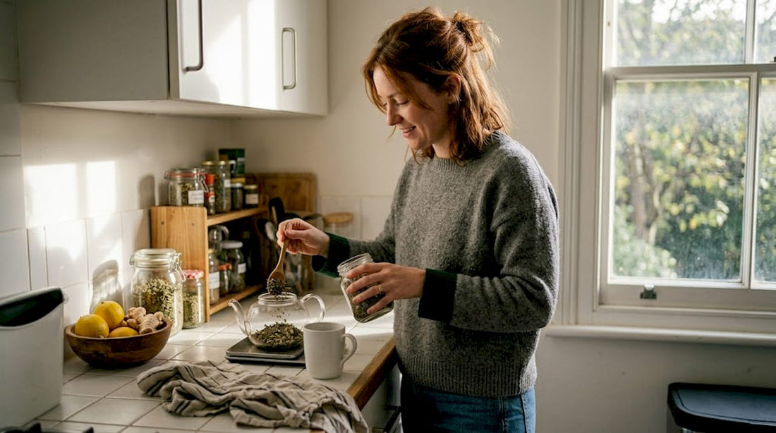 Woman preparing herbal detox tea in kitchen