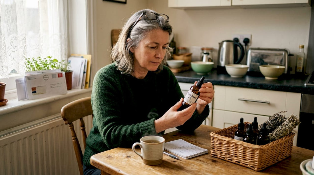 Woman reviewing poke root oil quality label