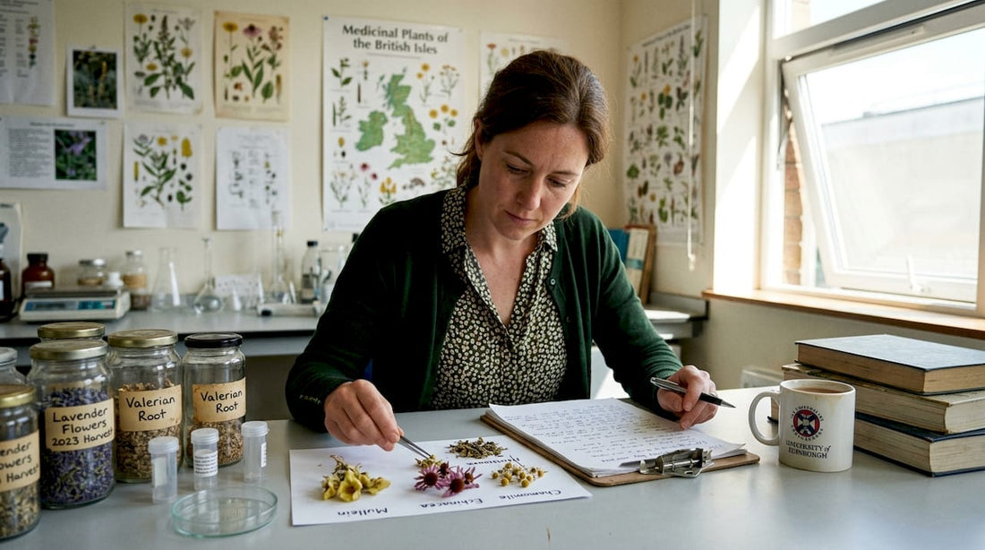Scientist studying dried herbs in research lab
