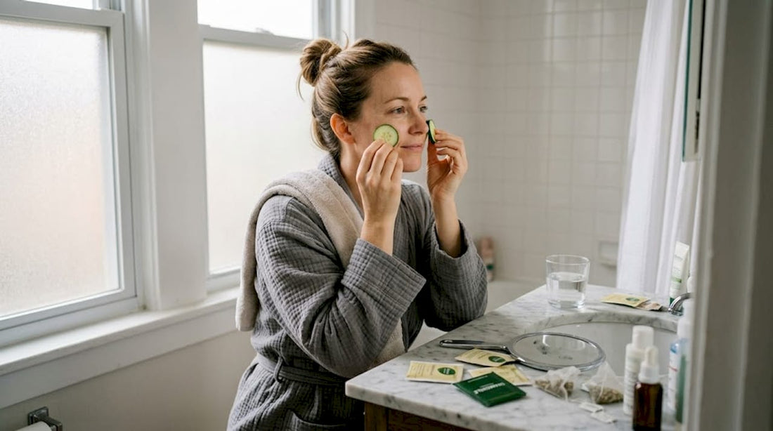 Woman using chilled cucumber slices for puffiness