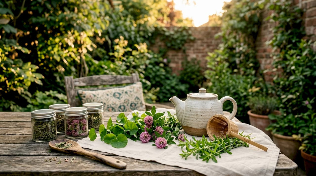 Fresh lymphatic drainage herbs on wooden table
