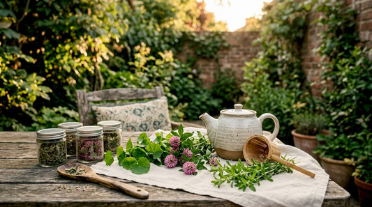 Fresh lymphatic drainage herbs on wooden table