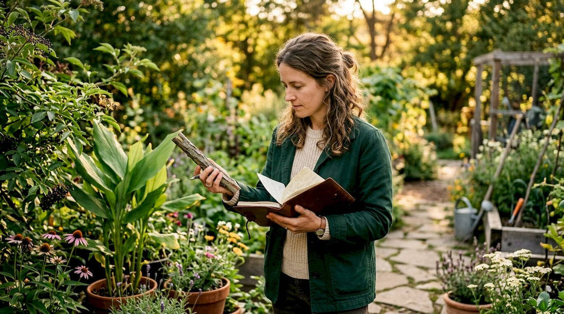 Botanist examining traditional herbal plants in greenhouse