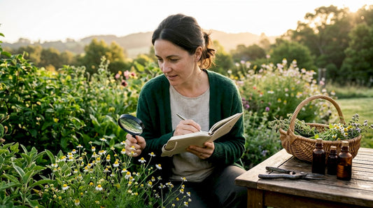 Practitioner examining fresh herbs at desk