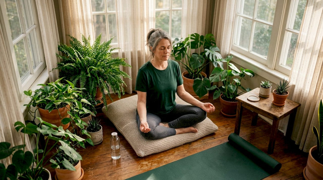 Woman meditating in bright home setting
