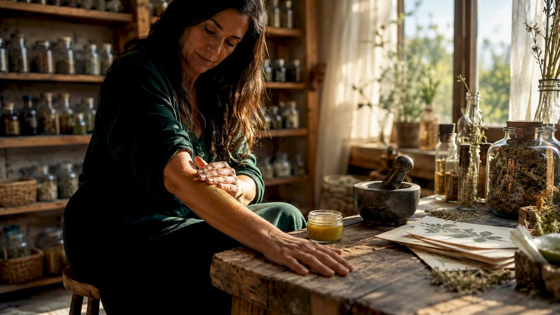 Woman applying herbal salve on forearm