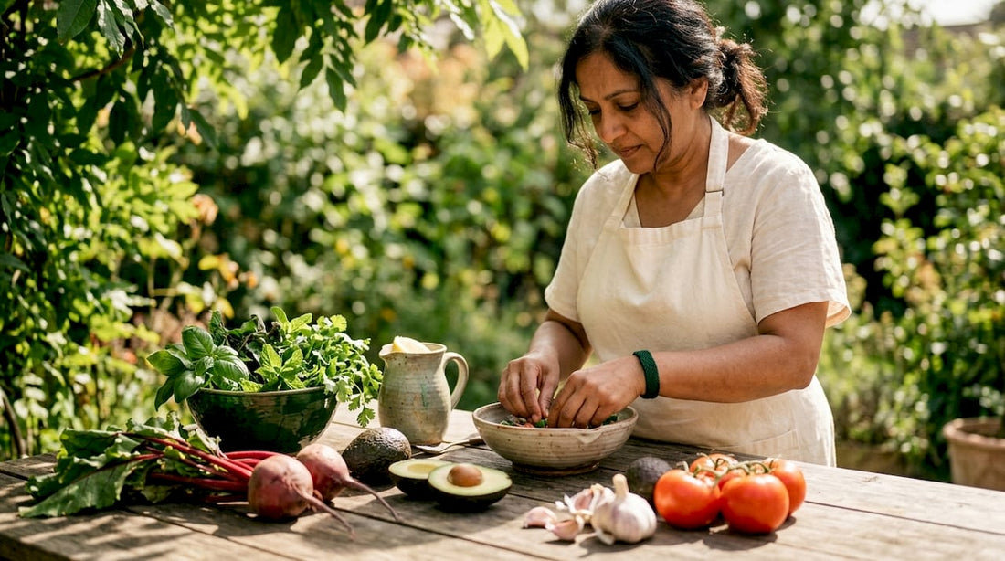 Woman preparing plant-based anti-inflammatory foods