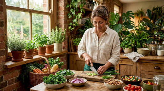 Woman preparing fresh plant-based meal in kitchen