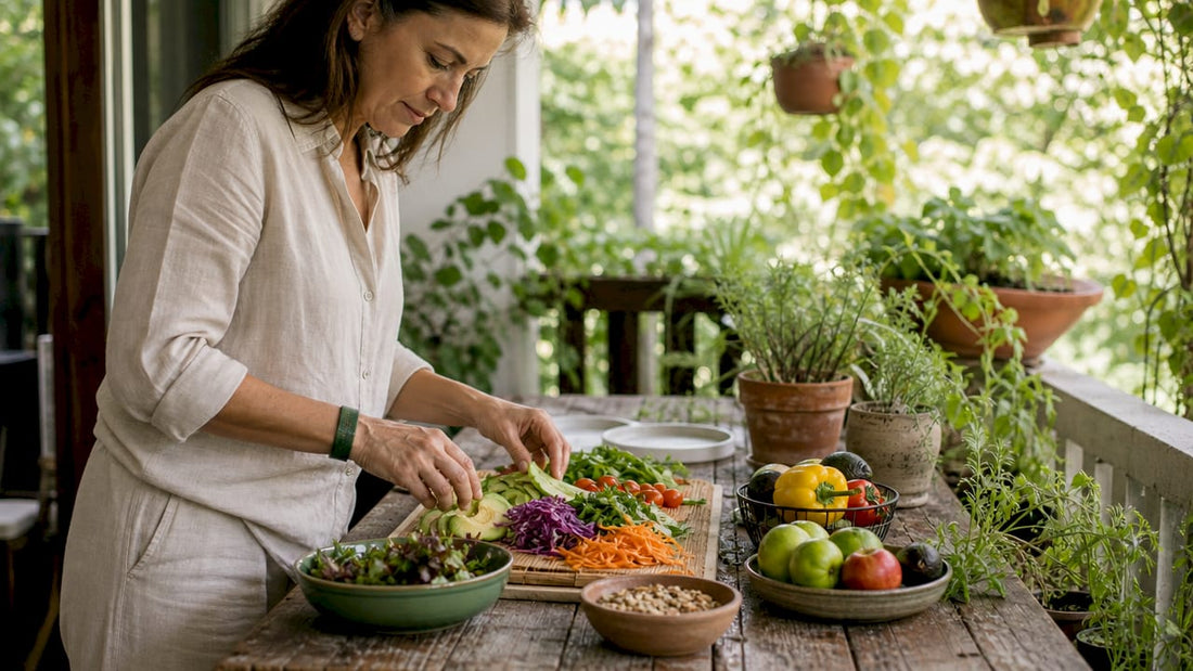 Woman preparing detox salad in kitchen