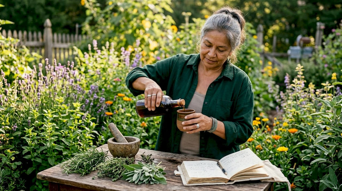Mature Indigenous woman preparing herbal remedy