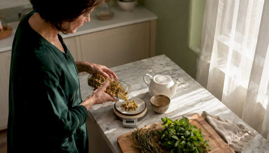 Woman preparing herbal remedies in kitchen