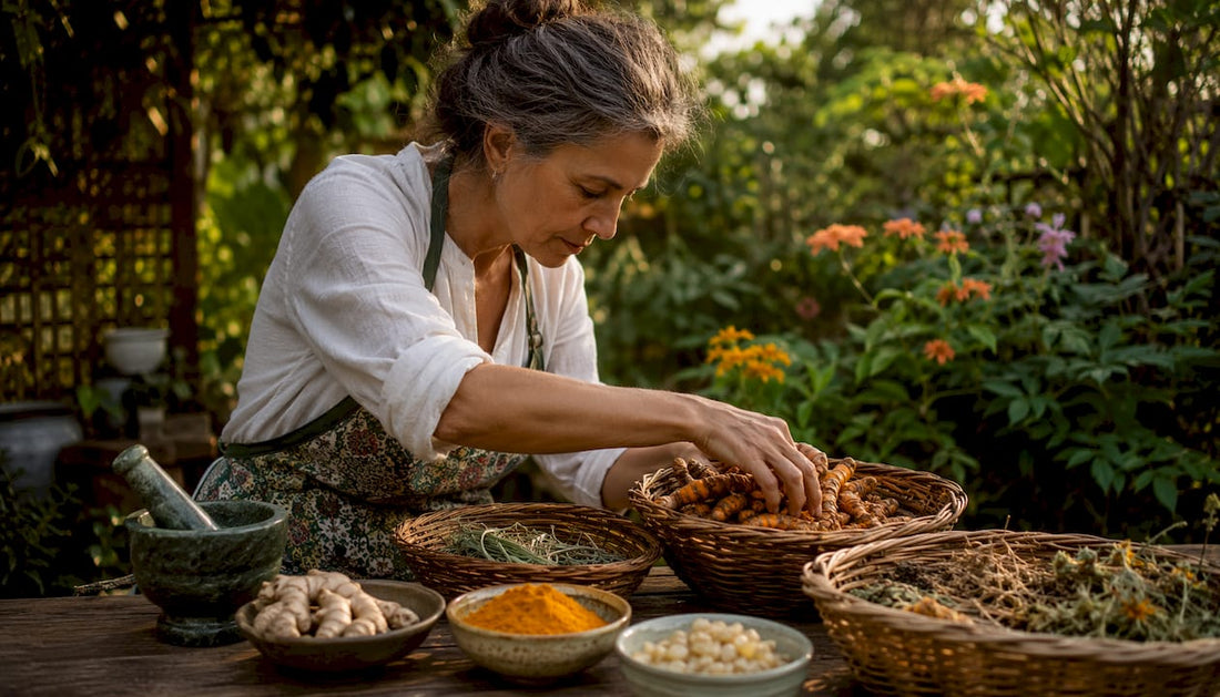 Herbalist selecting fresh turmeric and herbs in kitchen