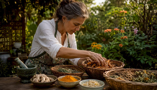 Herbalist selecting fresh turmeric and herbs in kitchen