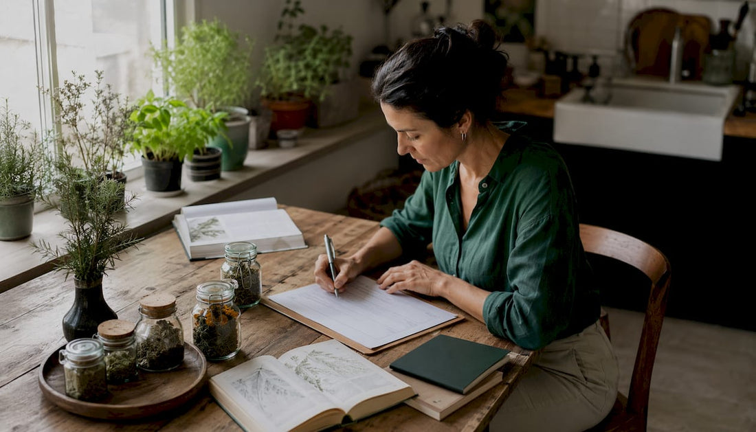 Herbalist recording client outcomes on paper
