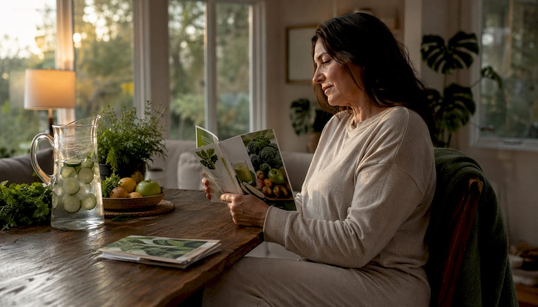 Woman reading detox guide with healthy setting