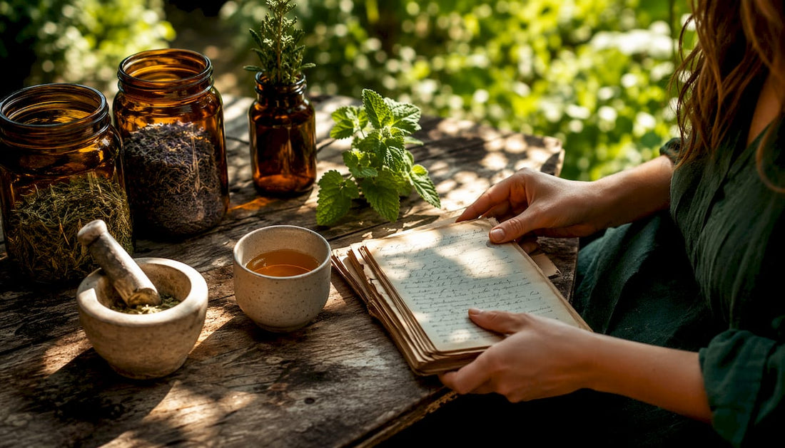 Top-down view of herbal wellness kit essentials on kitchen table