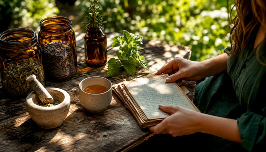 Top-down view of herbal wellness kit essentials on kitchen table