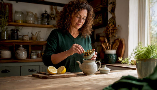 Woman pouring hot water over chamomile flowers